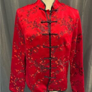 Elegant Vintage Asian Inspired Red Floral Women's Top